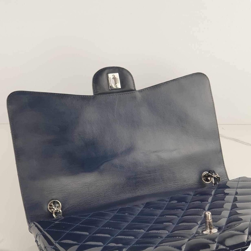 Chanel Navy Quilted Patent Leather Jumbo Maxi Bag - Picture 11 of 13